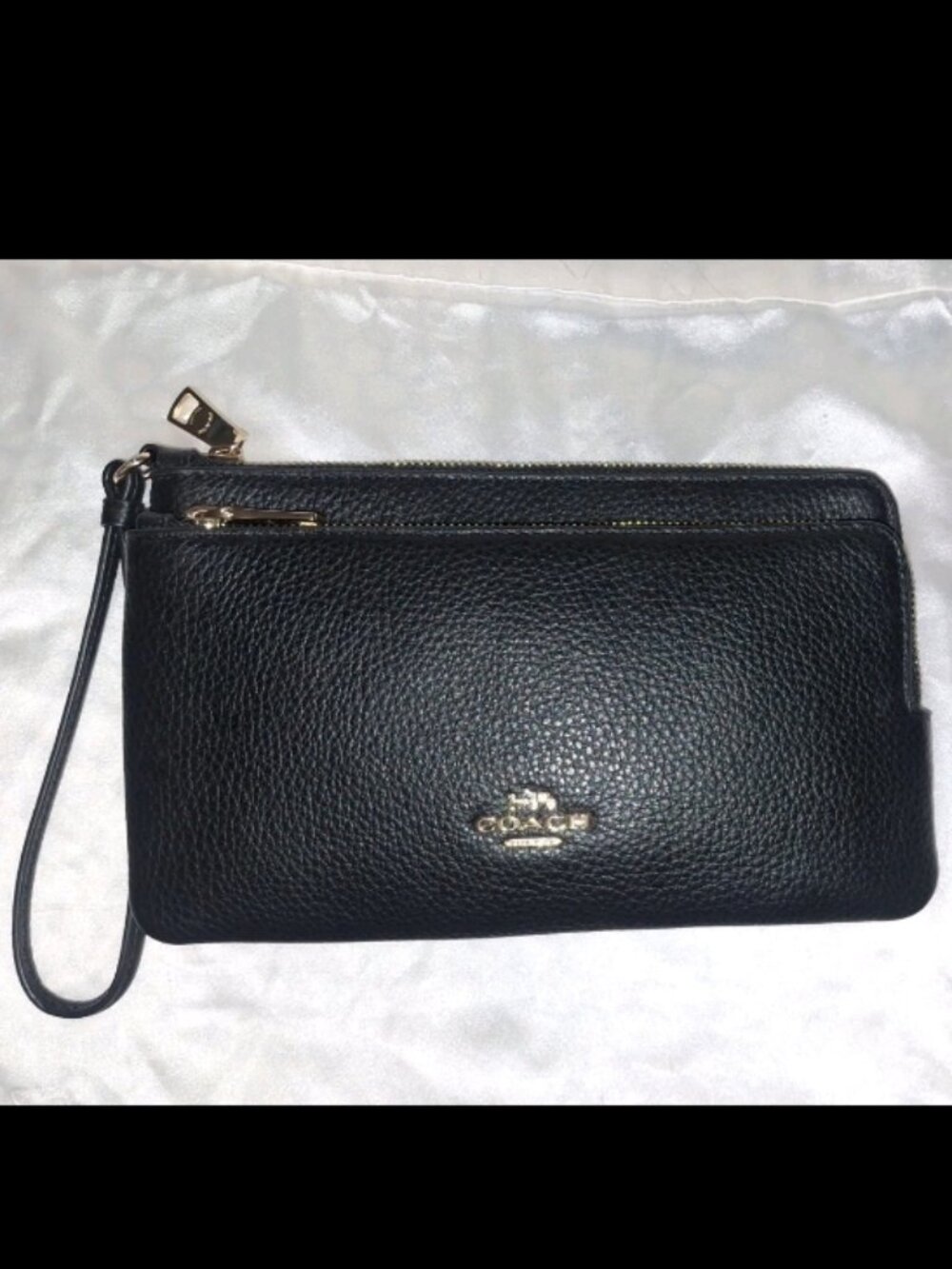 Coach Double Zip Wallet Wristlet Black Pebble Leather Gold Tone CU919 NWT - Picture 3 of 11